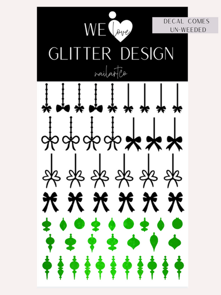 Elegant Ornament Nail Decal | Polished Metal Green (Black Bow & String)