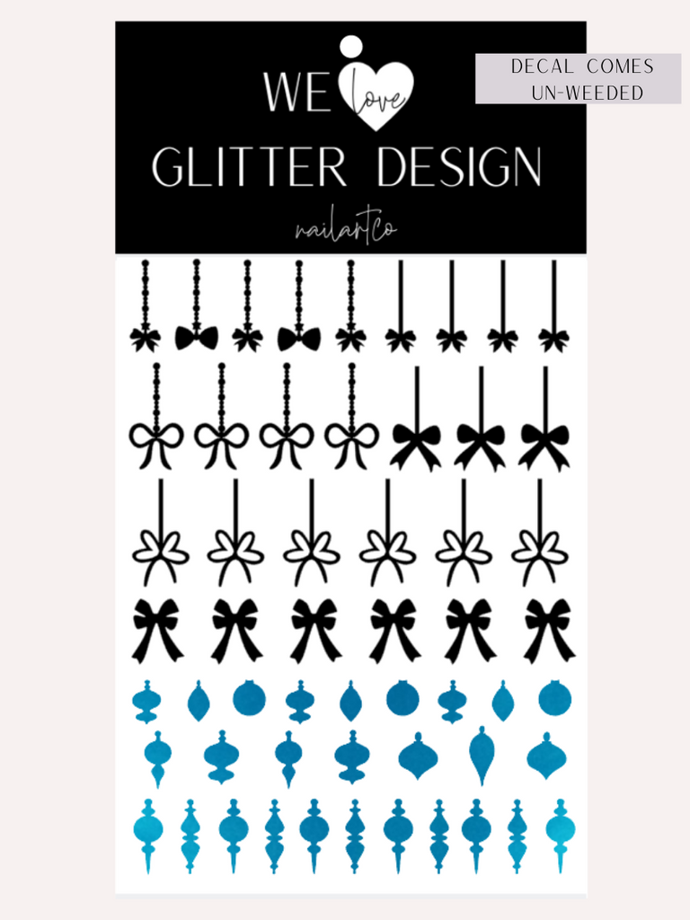 Elegant Ornament Nail Decal | Polished Metal Light Blue (Black Bow & String)