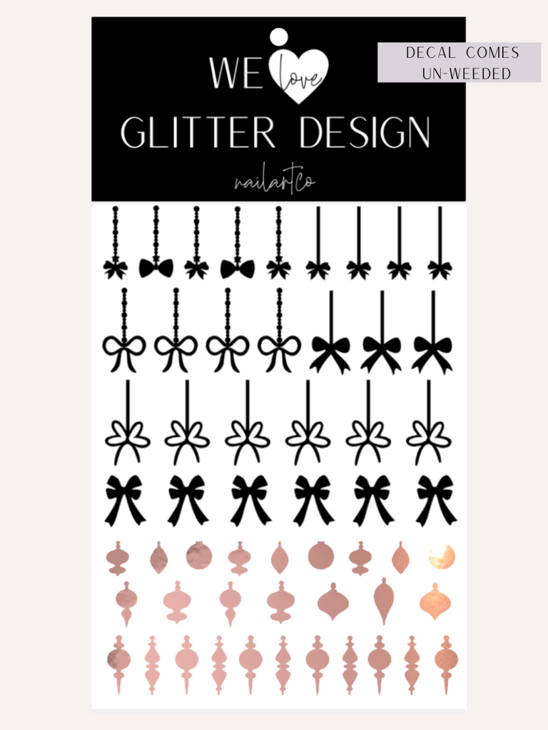 Elegant Ornament Nail Decal | Rose Gold Chrome (Black Bow & String)