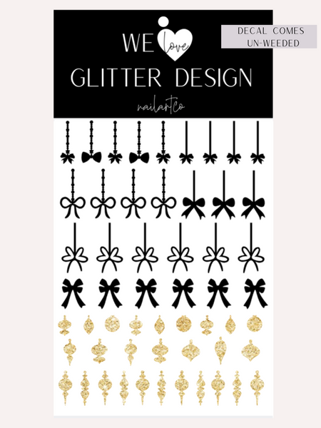 Elegant Ornament Nail Decal | Sparkle Gold (Black Bow & String)