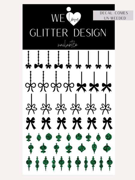 Elegant Ornament Nail Decal | Sparkle Green (Black Bow & String)