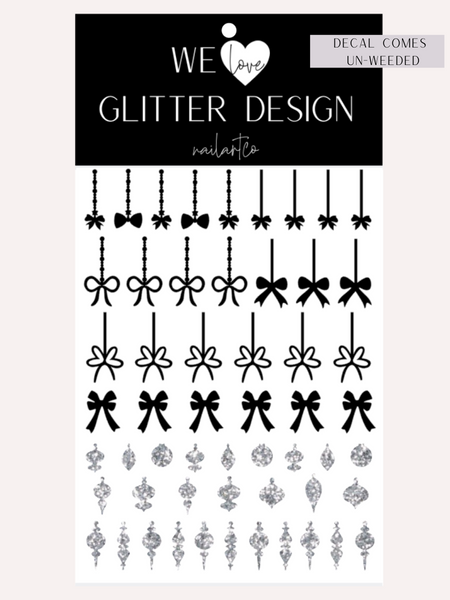 Elegant Ornament Nail Decal | Sparkle Silver (Black Bow & String)