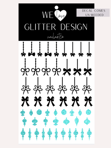 Elegant Ornament Nail Decal | Sparkle Tiffany Blue (Black Bow & String)