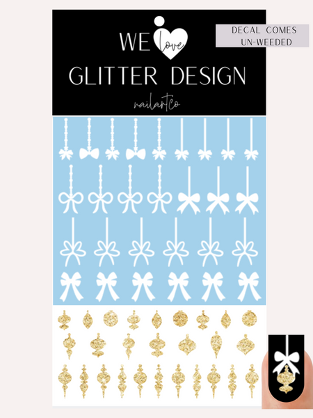 Elegant Ornament Nail Decal | Sparkle Gold (White Bow & String)