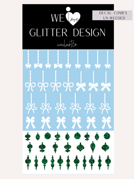 Elegant Ornament Nail Decal | Sparkle Green (White Bow & String)