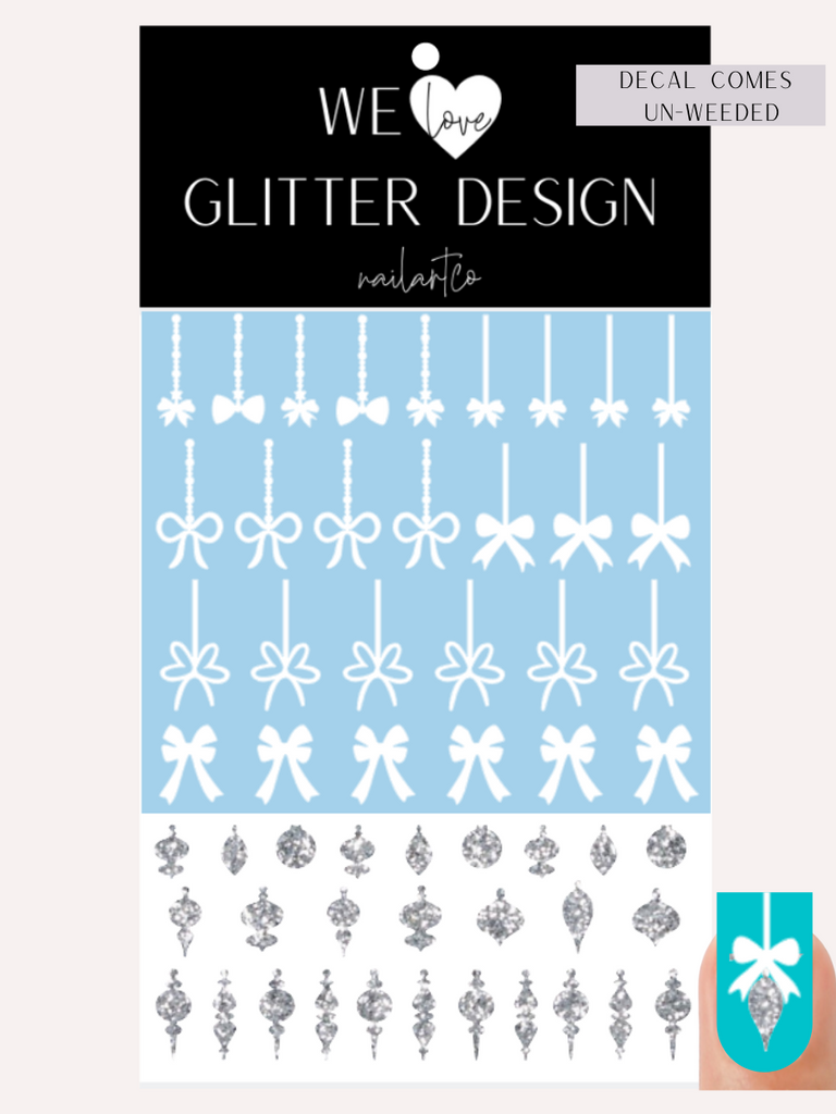 Elegant Ornament Nail Decal | Sparkle Silver (White Bow & String)