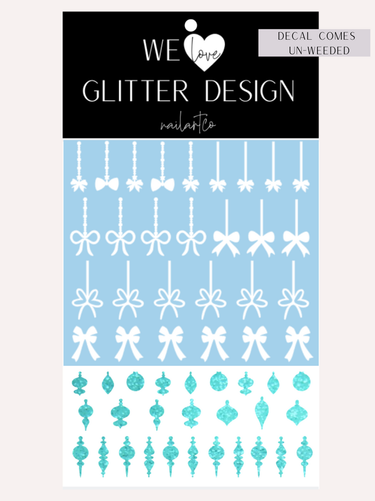 Elegant Ornament Nail Decal | Sparkle Tiffany Blue (White Bow & String)