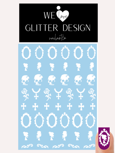 Victorian Skeleton Nail Decal (Un-weeded) | White + Red Roses