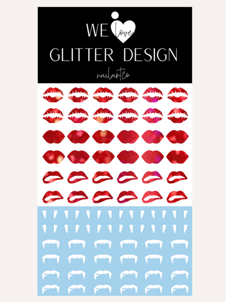 Vampire Lips & Teeth Nail Decal | Holographic Sparkle // Red