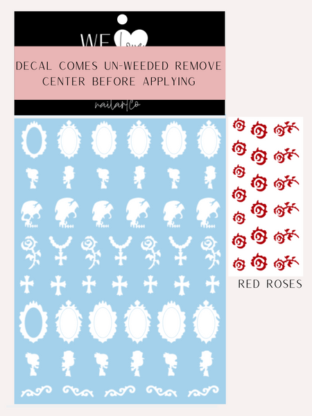 Victorian Skeleton Nail Decal (Un-weeded) | White + Red Roses