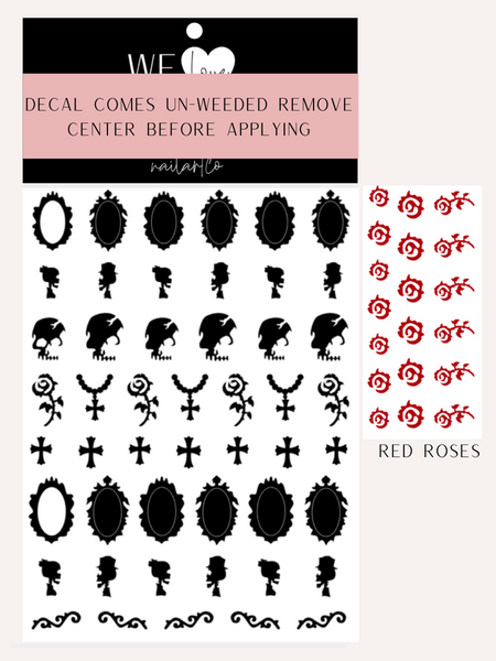 Victorian Skeleton Nail Decal (Un-weeded) | Black + Red Roses