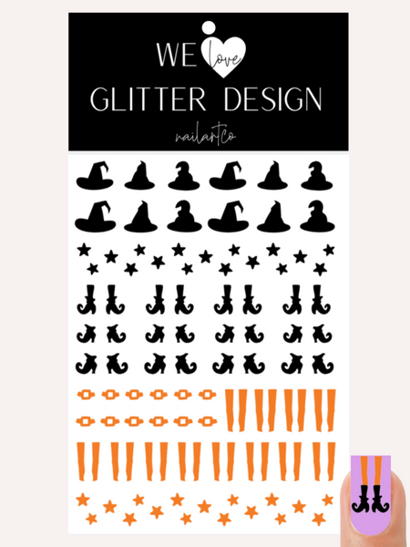 Witch Hat & Shoes Nail Decal | Bright Orange
