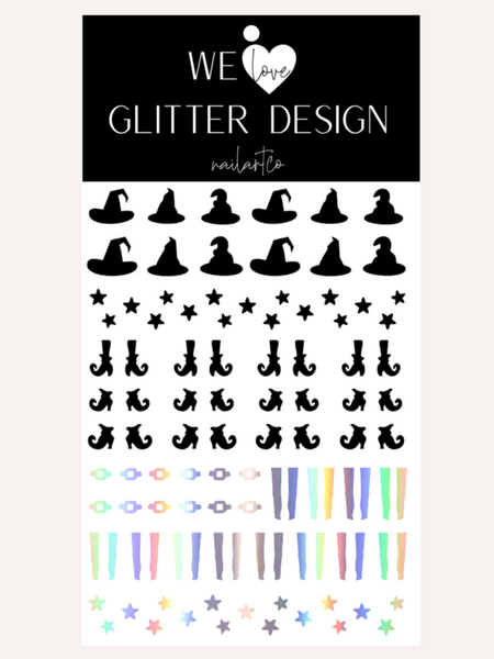 Witch Hat & Shoes Nail Decal | Holographic Rainbow // Silver